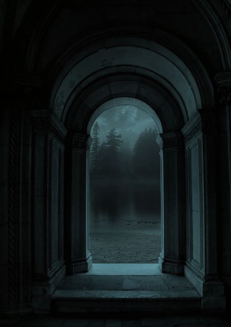 Evoking a sense of mystery and otherworldliness, this gothic archway frames a misty forest, perfect for use in horror films, dark fantasy art, or as a backdrop in video game design to depict an entrance to an enchanted or haunted location.