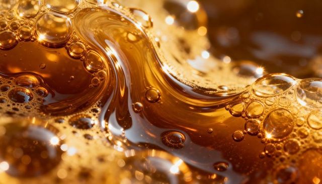 Bubbling amber cola surface with glistening bubbles and flowing foam macro texture