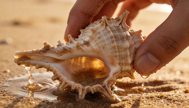 Hand holding spiked conch shell at shoreline, golden hour light creating water droplets