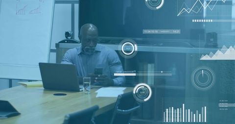 Executive checking phone and reviewing laptop in boardroom with digital analytics overlays