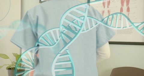 Healthcare professional examining patient chart in clinic with dna double helix overlay