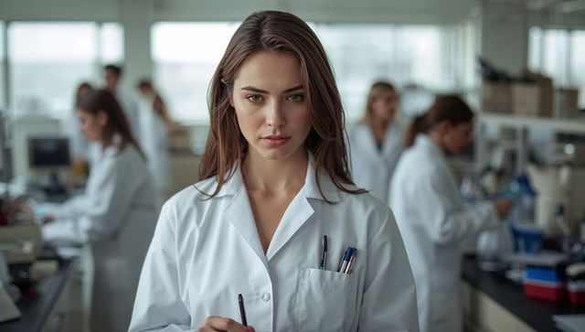 Young female scientist conducting laboratory research at bench, holding pen, with microscopes