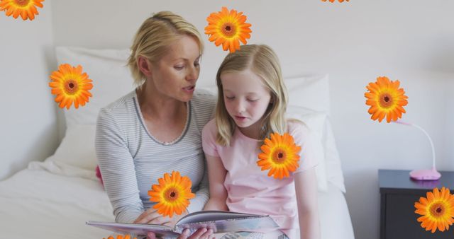 Mother Reading Bedtime Story to Daughter Surrounded by Gerbera Flowers - Download Free Stock Images Pikwizard.com