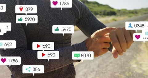 Athlete Checking Fitness Stats with Social Media Notifications