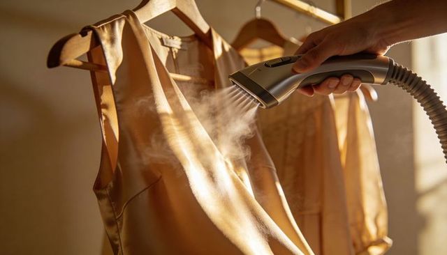 Hand steaming satin dress using portable garment steamer in sunlit wardrobe, smooth wrinkle-free fin