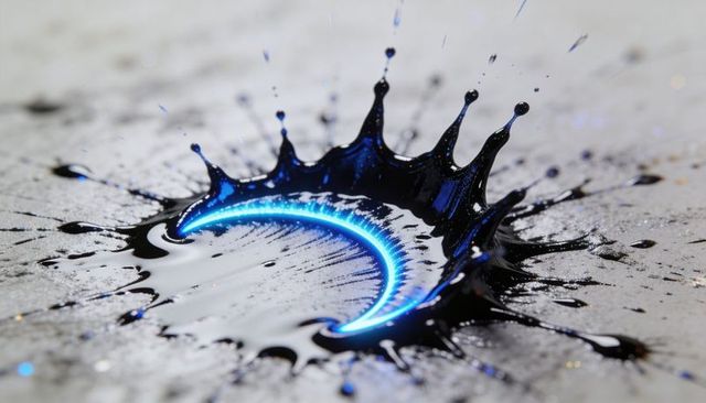 Neon blue crescent splash forming black liquid crown with spikes on concrete slab