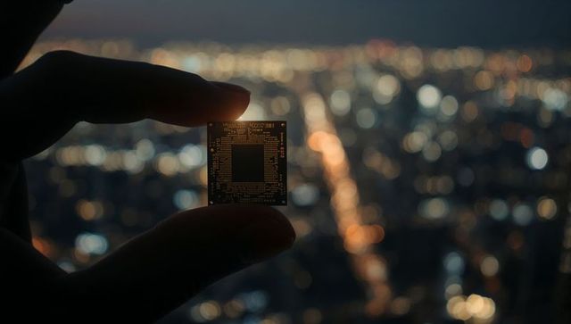 Microchip Elevated Against City Skyline, Futuristic Tech Inspiration