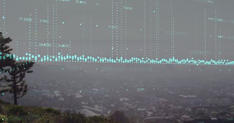 Digital interface overlay on foggy urban landscape