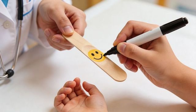 Pediatrician drawing smile on wooden craft stick to comfort child during clinic exam