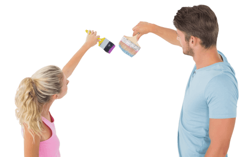 Transparent Young Couple Painting Playfully with Brushes Extended