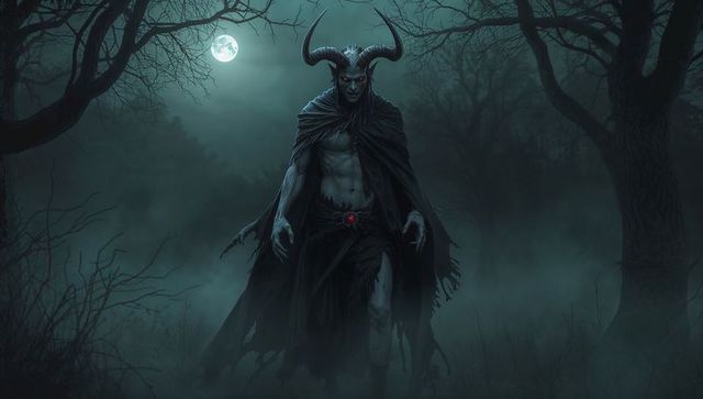 Horned Demon Striding in Mysterious Moonlit Forest