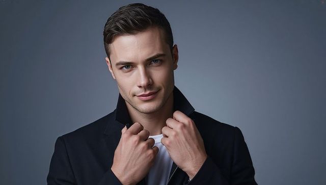 Confident young man adjusting blazer collar with direct gaze, studio headshot portrait