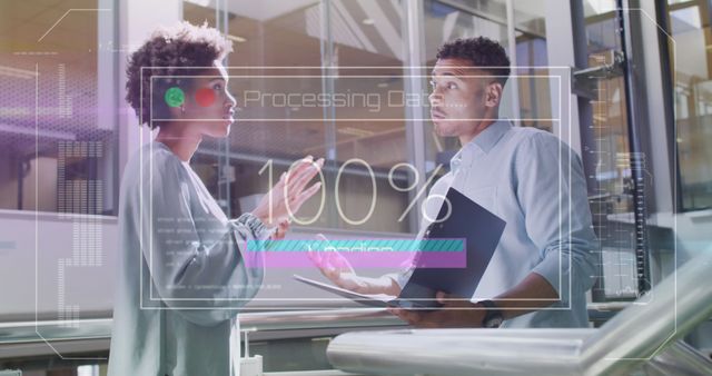 Business Colleagues Discussing Data with Futuristic Interface in Modern Office - Download Free Stock Images Pikwizard.com