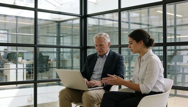 Multigenerational mentoring in modern glass-partition office with laptop collaboration