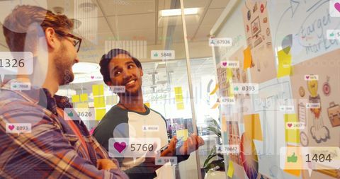 Creative business meeting with social media analytics overlay