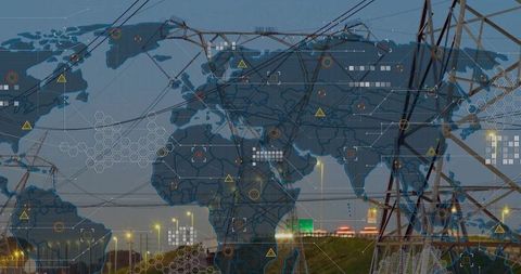 Transmission tower dominating roadside at dusk with global energy network overlay