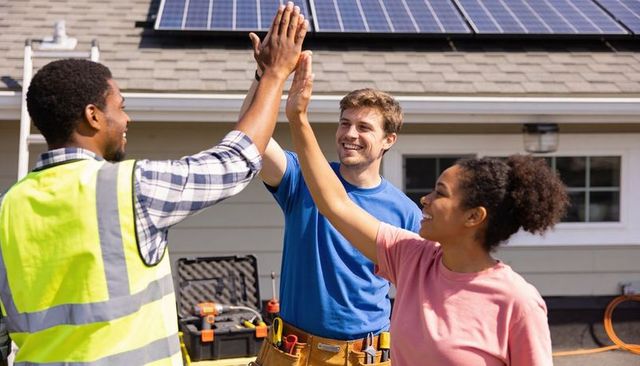High-fiving rooftop solar crew celebrating residential photovoltaic installation