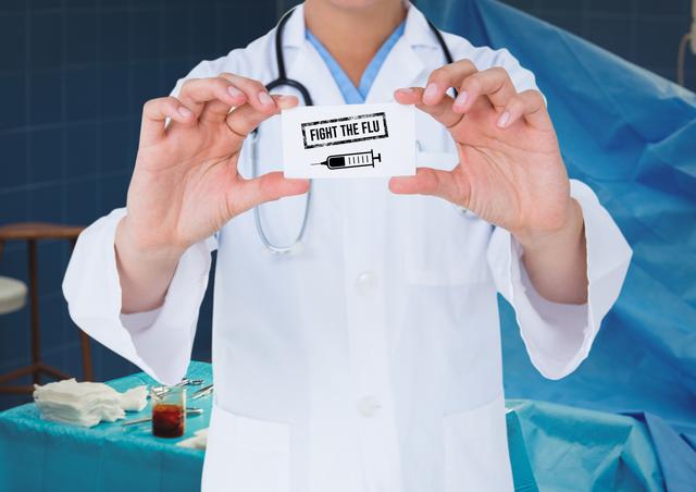 Doctor holding a sign with 'Fight the Flu' text and syringe symbol, emphasizing the importance of flu vaccination. Ideal for use in healthcare campaigns, medical websites, and educational materials promoting flu prevention and immunization.