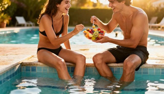 Young couple laughing by pool sharing fresh fruit bowl at golden hour