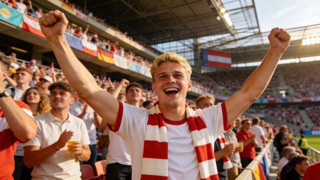 Young fan cheering, raising arms wearing red and white scarf at soccer stadium