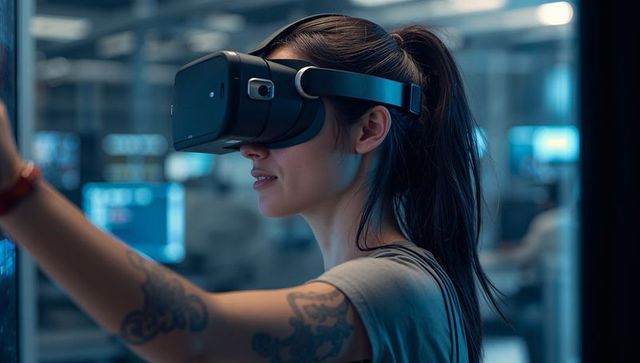 Female Developer Using VR Headset in Modern Technology Lab