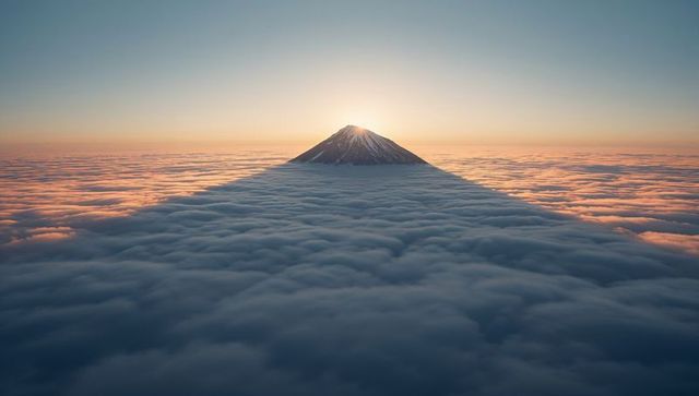 Majestic Volcanic Peak at Sunrise Above Clouds Creating Epic Shadow