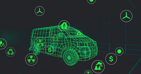 Eco-friendly green wireframe van in digital grid tunnel with energy symbols