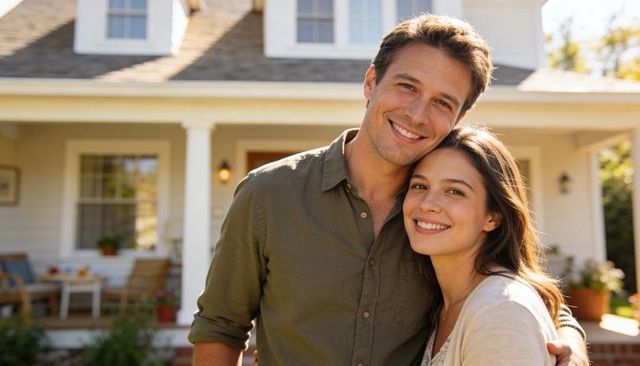 Smiling couple embracing on sunlit front porch representing homeownership and suburban happiness