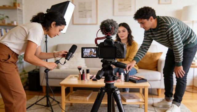 Filming beauty vlog at home with presenter on sofa, crew adjusting microphone and makeup