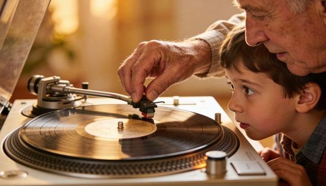 Grandfather teaching grandson to play vinyl on vintage turntable, warm golden sunlight
