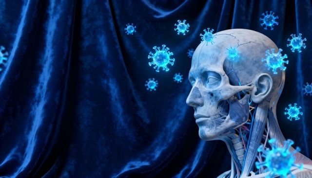 3d anatomical skull and neck with floating blue viral particles for infection concept