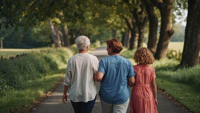 Three Generations Walking Down Tree-Lined Lane Embracing Family Bonding Outdoors