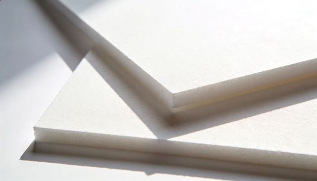 Stacked white foamcore sheets showing beveled edges casting soft shadows mockup