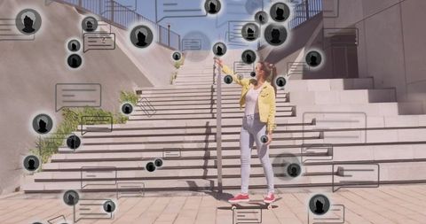 Skateboarding woman in city with digital concepts overlay