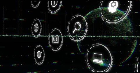 Glitch data globe featuring floating ui icons, neon point-cloud interface and rgb noise