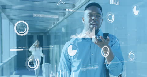 Businessman Interacting with Futuristic Data Interfaces in Modern Office
