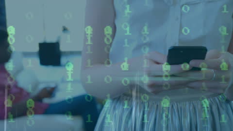 Girl Using Smartphone with Binary Code Overlaying