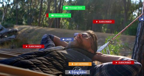 Man relaxing in hammock with floating digital notifications ui