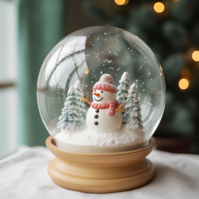 A festive snow globe featuring a cheerful snowman wearing a red hat and scarf, surrounded by Christmas trees. Snowflakes are gently falling inside the globe. Ideal for holiday-themed promotions, Christmas greeting cards, festive decorations, or winter-themed advertisements.