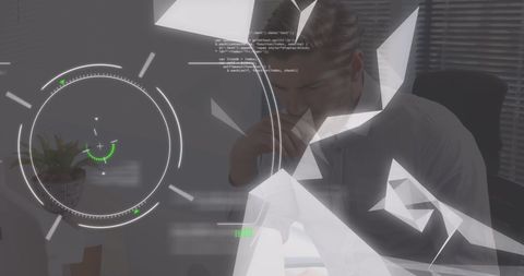 Futuristic business workspace with data analytics overlay