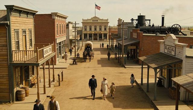 Family walking down dusty western main street with steam locomotive and covered wagon