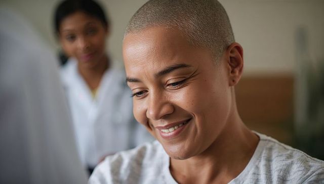 Smiling patient with shaved head receiving compassionate support during clinical consultation