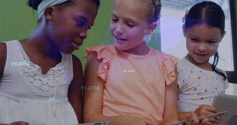 Three Schoolgirls Collaborating with Tablets and Digital Overlay