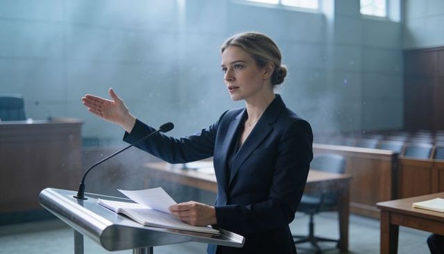 Female attorney addressing courtroom podium, gesturing confidently holding legal documents