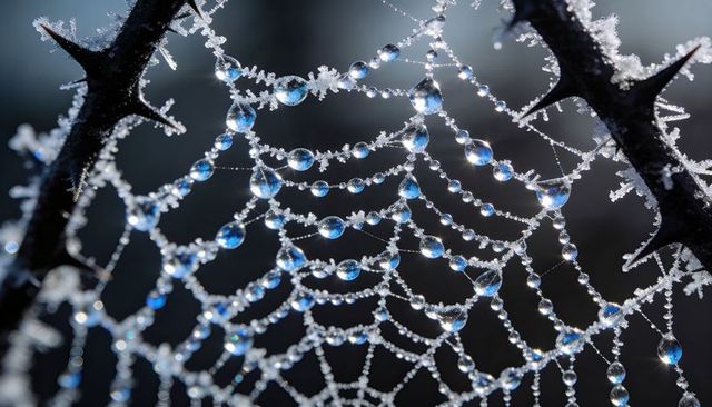 Dew-frosted spider web sparkling between thorny branches, crystalline droplets reflecting dawn light