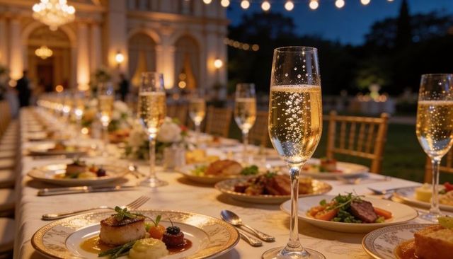 Sparkling champagne flute capturing rising bubbles on elegant outdoor banquet table