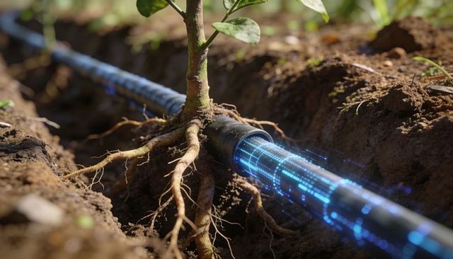 Glowing smart dripline touching seedling roots | precision irrigation technology concept