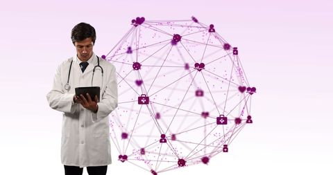 Doctor Using Tablet with Medical Networking Interface Background