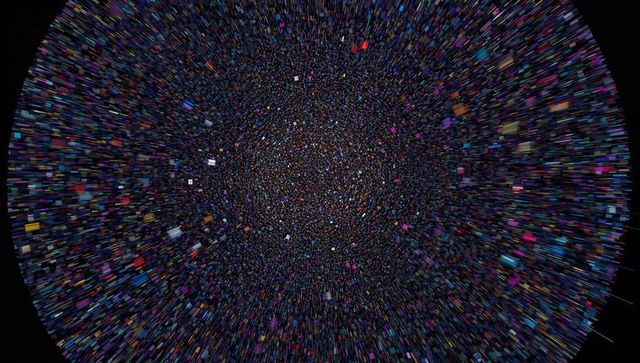 Radiating Neon Particle Vortex Visualizing Data Flow in Radial Digital Cyberspace Tunnel