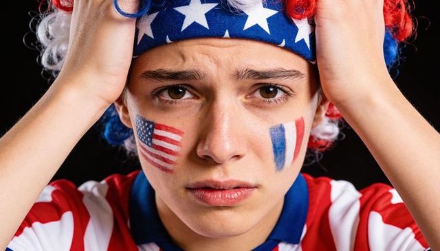 Anxious dual-flag fan wearing red white blue wig and star headband with face paint